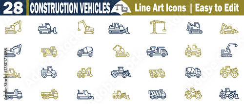 Construction Vehicle Icons Vector Set. Bulldozer Excavator, Crane, Truck Loader, Concrete Mixer, Road Roller, Dumper Heavy Equipment, Machinery, Engineering Industry vector illustration. 