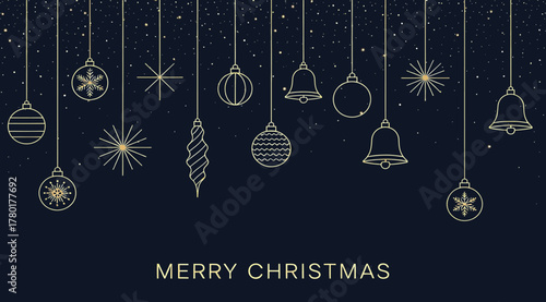 A festive christmas card design featuring delicate gold ornaments hanging against a dark blue background with twinkling stars, conveying a warm and elegant holiday greeting