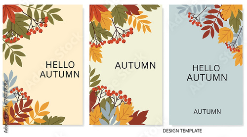 A set of three autumnthemed card designs featuring colorful leaves and berries with the words hello autumn, perfect for seasonal greetings