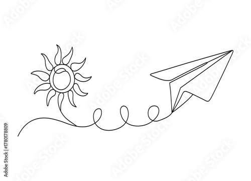 Paper Airplane Flying Towards the Sun in a Single Line Drawing Concept with Growth and Optimism