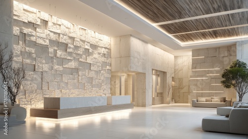 Modern lobby interior in white and beige tones, textured stone wall and wood accents, ambient light gradient, smooth reflective floor, open space for text composition