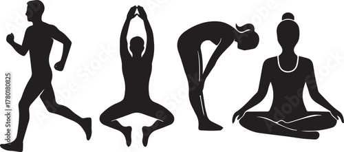 Black vector silhouette illustration of a woman with long hair and legs in a yoga pose for sport and fitness