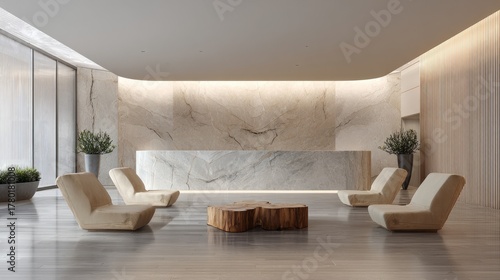 Premium office lobby with minimalist furniture arrangement, natural wood and marble finishes, calm lighting gradient across surface, centered negative space for design layout