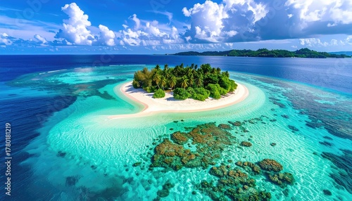 Fototapeta Naklejka Na Ścianę i Meble -  Vibrant Tropical Island Paradise Azure Waters Lush Green Palm Trees White Sand Beach Coral Reefs Sunny Day Dramatic Blue Sky