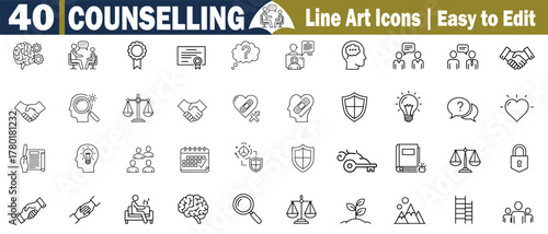 Counseling Icons Set. Line Art Therapy Mental Health Psychology, Brain Handshake, Puzzle Solution, Award Certificate, Question mark, Speech Balance Idea vector illustration. 