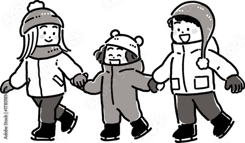 冬にアイススケートをする男の子と女の子のモノトーンイラスト