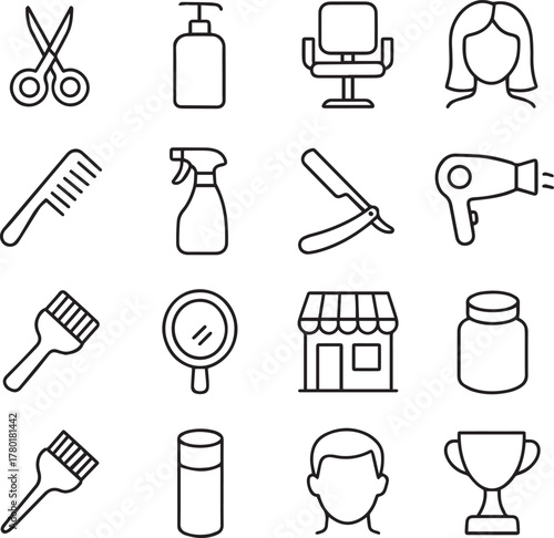 Vector monochrome line icon set about salon