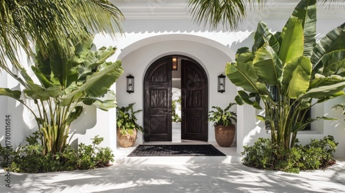 Tropical villa entrance, white stucco arch with dark wood double doors, two large banana plants framing entry, clean symmetry, black floor mat, natural daylight