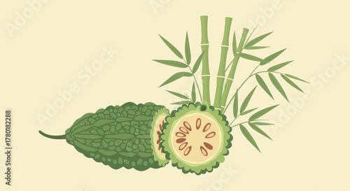 Bitter Gourd And Bamboo Composition Illustrative Culinary Content Artwork Vector Art Design