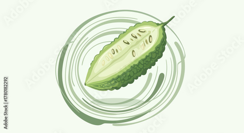 Bitter Gourd Half Vegetable Illustration Over A Spiraling Artistic Green Plate Design