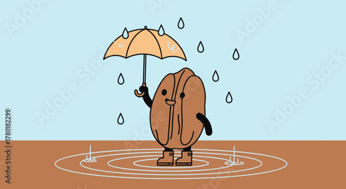 Bean Character Stands Under Umbrella While Rain Pours, Staying Dry And Smiling Optimistically