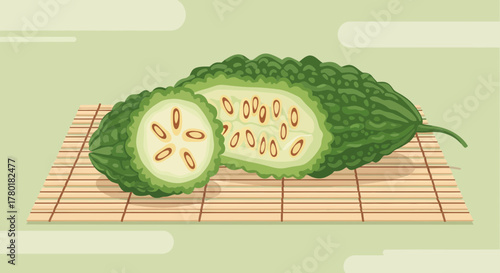 Bitter Melon Illustration On Bamboo Mat With Light Green Background