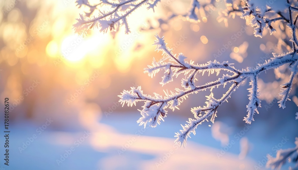 Obraz premium Winter Sunrise Over Snowy Branches With Golden Sunburst Lighting And Soft Focus Background