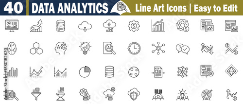 Data Analytics Line Icons Set. These design elements are in Financial Analysis, Statistical Data Processing, Artificial Intelligence, Business Intelligence Vector Illustrations