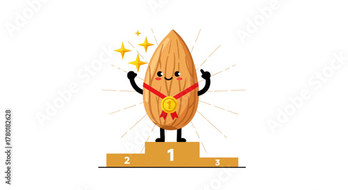 Cartoon Almond Character Winning First Place and Wearing a Medal on a Podium