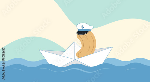 Cartoon Cashew Captain Sailing on Paper Boat Across The Peaceful Ocean Waves