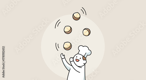 Cartoon Chef Juggling Macarons In A Playful Demonstration Of Culinary Skill And Delight