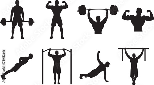 Black vector silhouettes of people performing sport, fitness, and dance action poses, including men and a woman