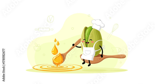 Cartoon Chef Pistachio Preparing Sweet, Drizzling Honey, Creative Culinary Delight Illustration