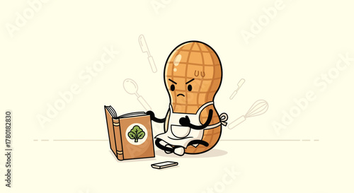 Cartoon Peanut Character Reading Cookbook While Being Annoyed With Cooking Tools