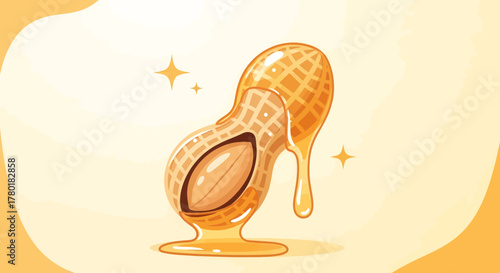 Cartoon Peanut With Flowing Honey, Delicious and Sweet Treats, Delightful Dessert