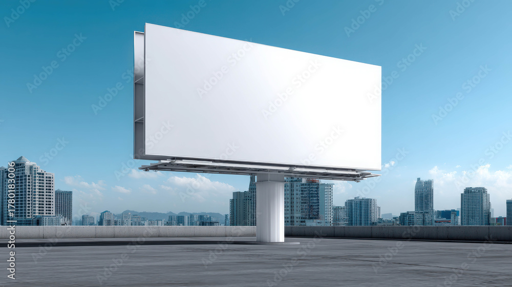 Fototapeta premium Modern Clean Billboard in Daylight Against Urban Skyline with Clear Blue Sky and Contemporary Architecture in the Background