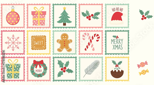 A festive array of christmasthemed icons, including ornaments, gifts, trees, holly, santa hats, snowflakes, gingerbread men, candy canes, and pudding, all in a charming vintage style