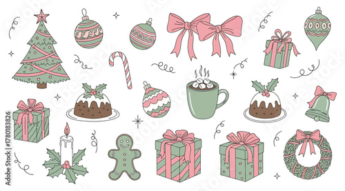 A festive collection of christmas ornaments and treats, including a decorated tree, baubles, bows, presents, candy cane, pudding, gingerbread man, and wreath