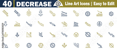 Decrease: Downward Trends, Loss, Reduction, Negative Growth, Decline, Business Downturn, Cost Reduction, Price Drop, Down Arrow Symbols, Vector Line Icons.