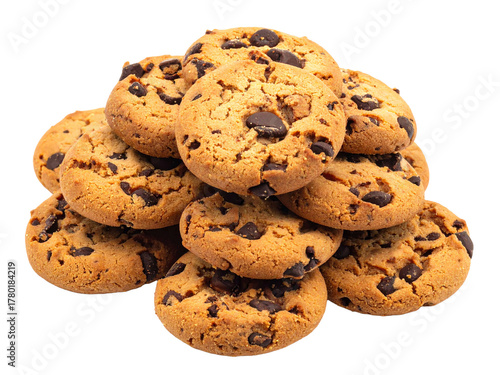 Crunchy chocolate chip cookies stacked together on white background, perfect for dessert, snack time, breakfast, or food advertising and bakery promotions.