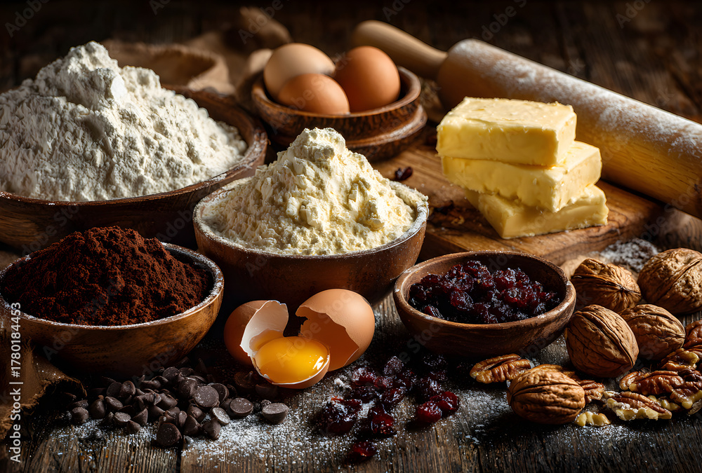 Fototapeta premium Ingredients for cooking Christmas baking. Christmas food background