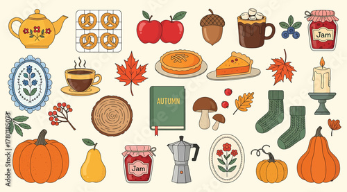 A cozy autumnthemed collection featuring pumpkins, apples, tea, and warm socks, evoking a sense of fall comfort and nostalgia