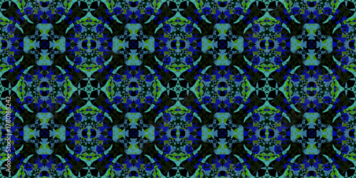 seamless wallpaper pattern, Modern Abstract Textile Print in Jewel Tones. Deep Blue and Green Abstract Kaleidoscope Pattern. 

Dark Tonal Symmetrical Geometric Mosaic Background