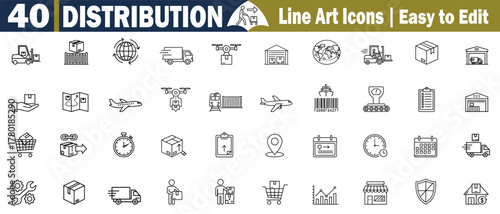 Line Art Icons Collection of Distribution Logistics. Freight Shipping, Transportation Warehouse, Delivery Package, Global Network, and Supply Chain in Vector illustration. 