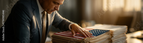 Patriotic Dedication: A focused individual in formal attire meticulously examines and assesses a stack of documents, an American flag prominently displayed.