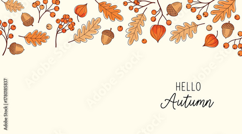 A charming autumnthemed design featuring an array of seasonal elements such as acorns, berries, and leaves, arranged in a decorative border with a warm color palette and the text hello autumn