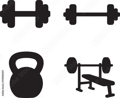 Isolated 3D illustration of a set of heavy iron dumbbells and weights for gym fitness and strength training on a white background