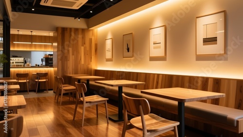 Wallpaper Mural Serene coffee shop interior with minimalist light wood design and warm ambient lighting Torontodigital.ca