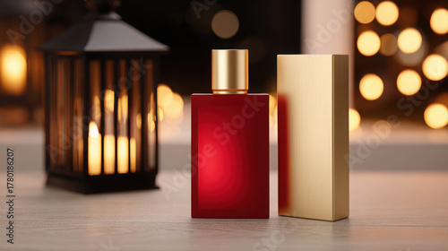 Elegant red perfume bottle mockup with gold packaging on wooden surface illuminated by warm lights for product presentation and marketing purposes
