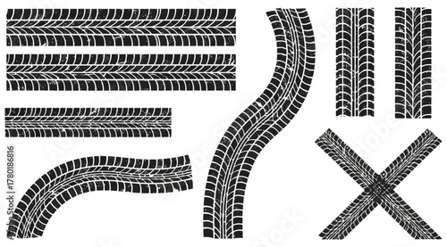 Collection of tire tracks, featuring straight, curved, and intersecting patterns, ideal for automotive, transportation, and design projects requiring dynamic elements