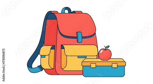 Brightly colored backpack lunchbox and apple ready for school or adventure