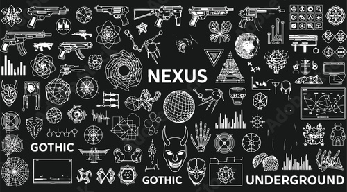 Nexus gothic underground, a complex array of symbols, weapons, and text, ideal for gaming, design, and artistic projects requiring intricate details