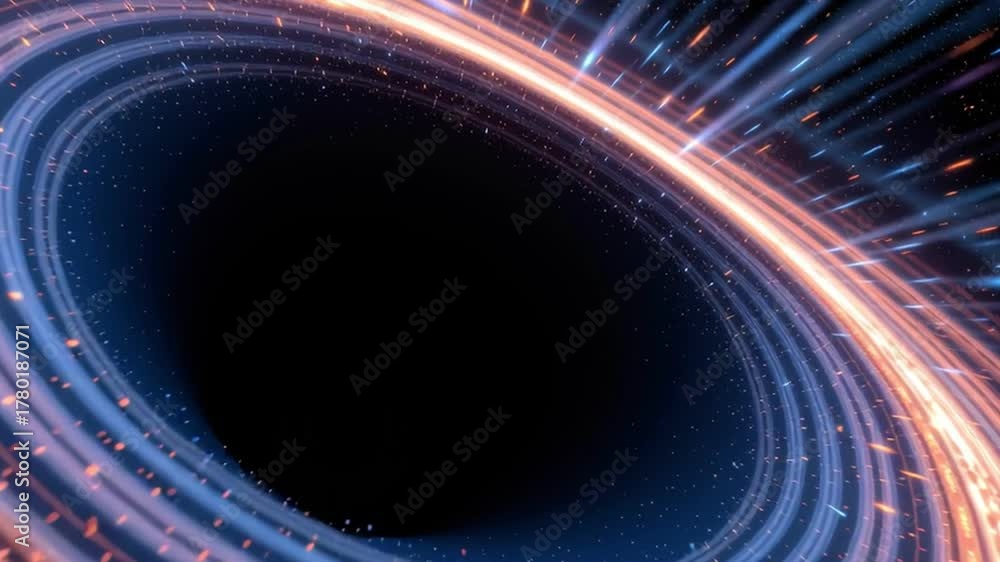 Glowing circular portal ring neon light particle trail motion blur futuristic vortex space background ring of glowing particles around dark void