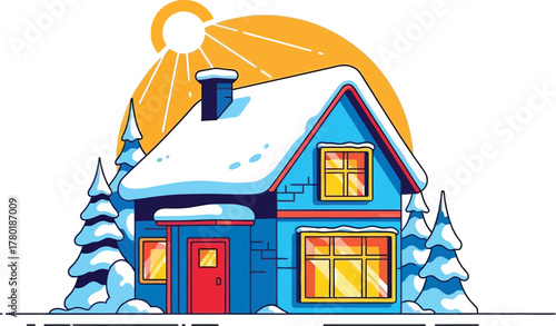 Cozy blue house covered in snow with warm light shining from the windows at winter