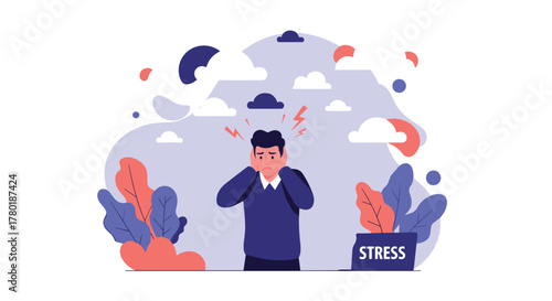 An illustration of a man experiencing intense stress and headache, with stormy clouds and lightning symbolizing mental pressure.