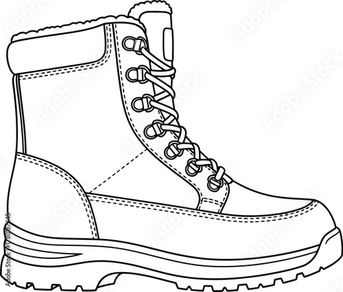 Line art illustration of a winter boot with laces and a thick sole on white background