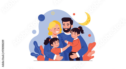 Happy family of four hugging and smiling, illustrating love and togetherness in a modern flat design style.