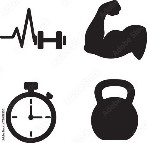 Fitness icon set vector illustration with stopwatch and sport equipment symbols