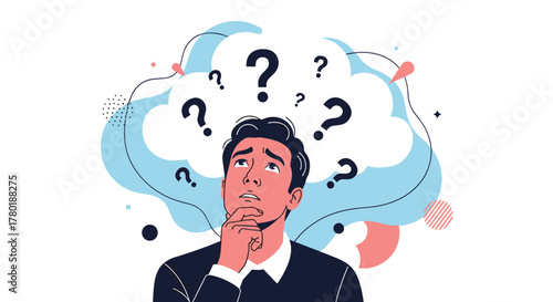 Thoughtful man looking up at a cloud of question marks, symbolizing doubt, confusion, problem-solving, and the search for answers.