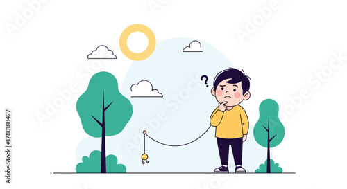 A thoughtful boy in a park looks at a small creature on a string with a puzzled expression and a question mark above his head.